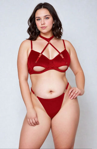 Hollow Cut Plus Halter Bra Set (Red)