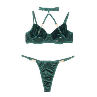 Hollow Cut Halter Bra Set (Green)