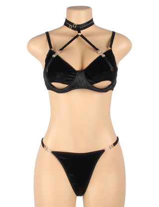 Hollow Cut Halter Bra Set (Black)